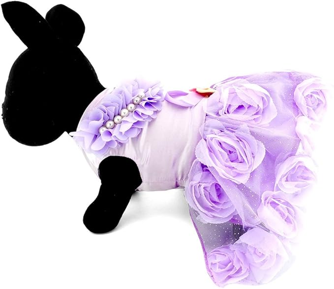 SMALLLEE_Lucky_Store Pet Small Dog Wedding Dress with Bowknot Birthday Party Costume Satin Rose Pearls Girl Formal Dress Cat Tutu Purple Violet, Medium