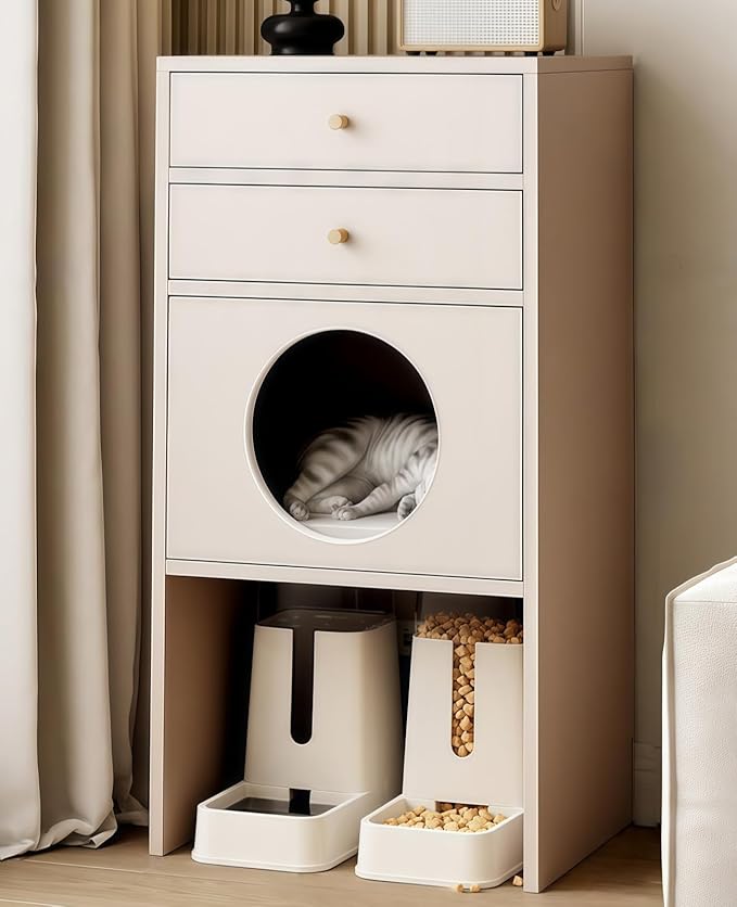 Multi-Function Cat House Furniture, Solid Wood Cat Condo with Storage Drawer, Pet Bed & Feeding Area, Compact Cat Cabinet (Khaki,19.6" L*15.7" W*41.3" H)