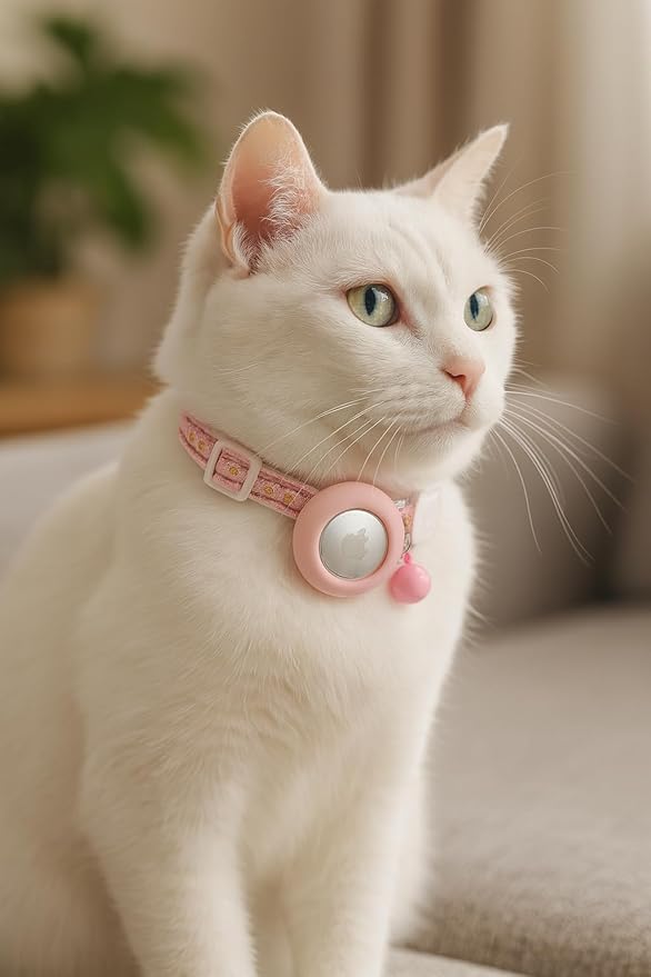 Cat Collar with AirTag Holder – Breakaway Lightweight Woven Cat Collar, Adjustable with Bell for Cats & Kittens (Blossom Charm)| Amazegoods