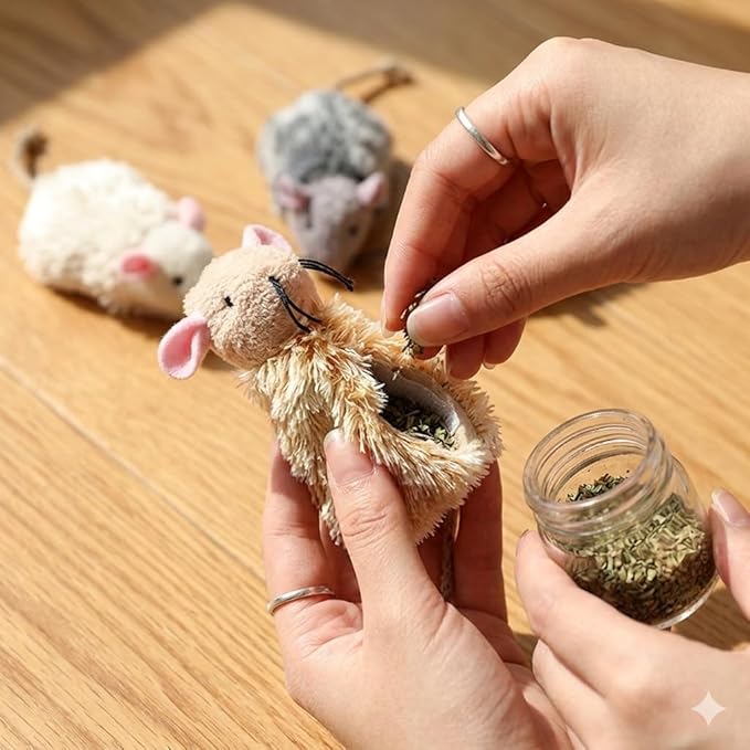 Ipetboom Refillable Catnip Toys for Cats - 3 Pack Interactive Cat Chew Toys for Indoor with Natural Long Fur and Jute Tail, Durable Plush Mouse Pet Fun Tool for Hunting and Boredom Relief