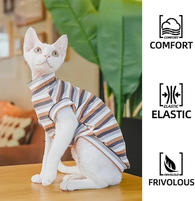 Sphynx Cat Shirt, Breathable Stretchy Cat Summer Vest, Lightweight Brown Striped Sleeveless Shirt for Hairless Cats, Soft & Comfortable Stretchy Vest for Cats and Small Dogs (XX-Large(9.5-13lbs))