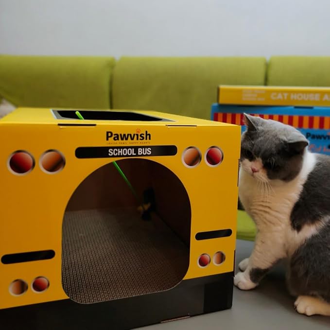 School Bus Cardboard Cat House and Scratcher, Play House, Scratching Pad, Corrugated Hideaway Cave, Cute Kitty Condos Box, Bed for Indoor Cats, Kittens, Bunny, Fur Babies