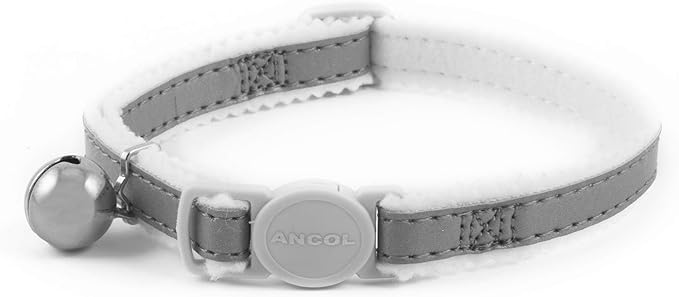 Ancol Reflective Safety Buckle Cat Collar in Silver - Comfortable Pet Accessory with Warning Bell - Kitten Training Walking Neckband