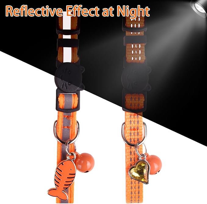 La Reine 2 Pack Cat Collar with Name Tag, Personalized Reflective Cat Collar Breakaway with Bell and Fish Bones and Heart Pendant (Orange)