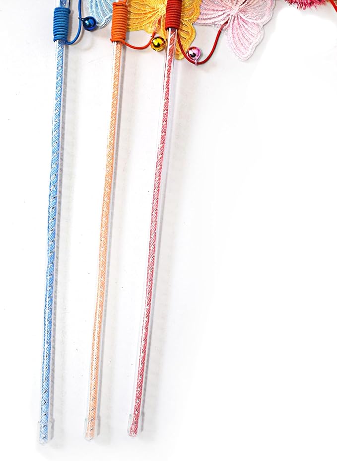 Cat Wand Toys, 3 PCS Vibrant Cat Teaser Wands with Butterfly, Pompom - Elastic Cord Feather Wands Cute Interactive Kitten Toy