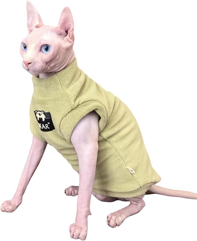Sphynx Cat Clothes Hairless Cat Warm Fleece Vest Elastic Winter Sweater Outfit, Pet Clothes for Sphynx Cat Coat for Cats and Small Dogs Apparel, Hairless cat Shirts Sweaters (Avocado Green, Large)