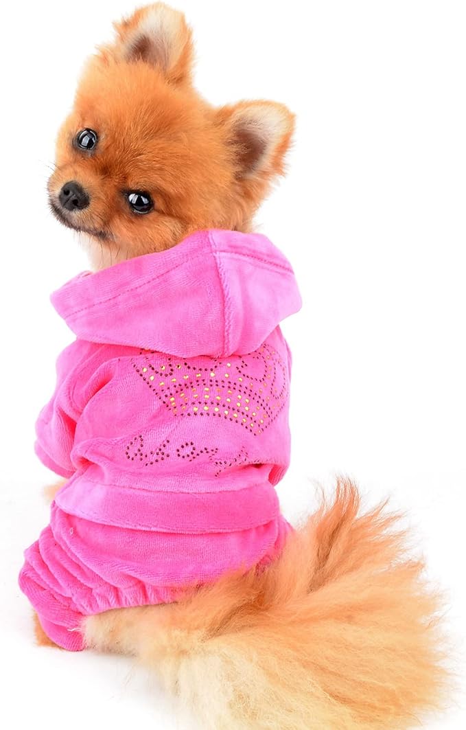 SMALLLEE_LUCKY_STORE Soft Warm Velour Jumpsuit Coat for Small Dogs and Cats Bling Rhinestone Crown Hooide Pajamas Tracksuit Girl Puppy Clothes Pink, XL