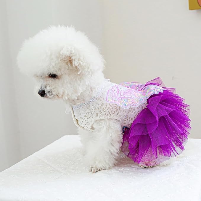 Dog Fairy Costume with Butterfly Wings, Cat Princess Dress for Small Dogs Girls, White Lace Knit Top and Purple Tulle Skirt, Fairy Wings for Dogs Halloween Outfit 2.2-3.3lbs (Purple,XS)