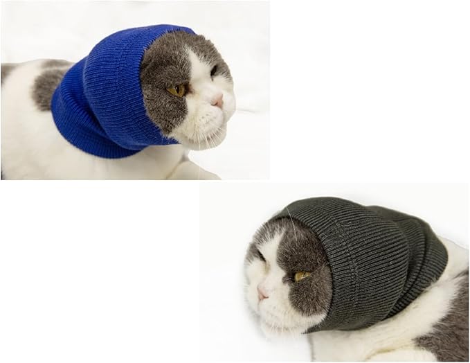 2 Pack Cat Ear Wrap, Anxiety Ear Cover Hematoma Compressionp Cat Snood for Grooming Blue+Grey S