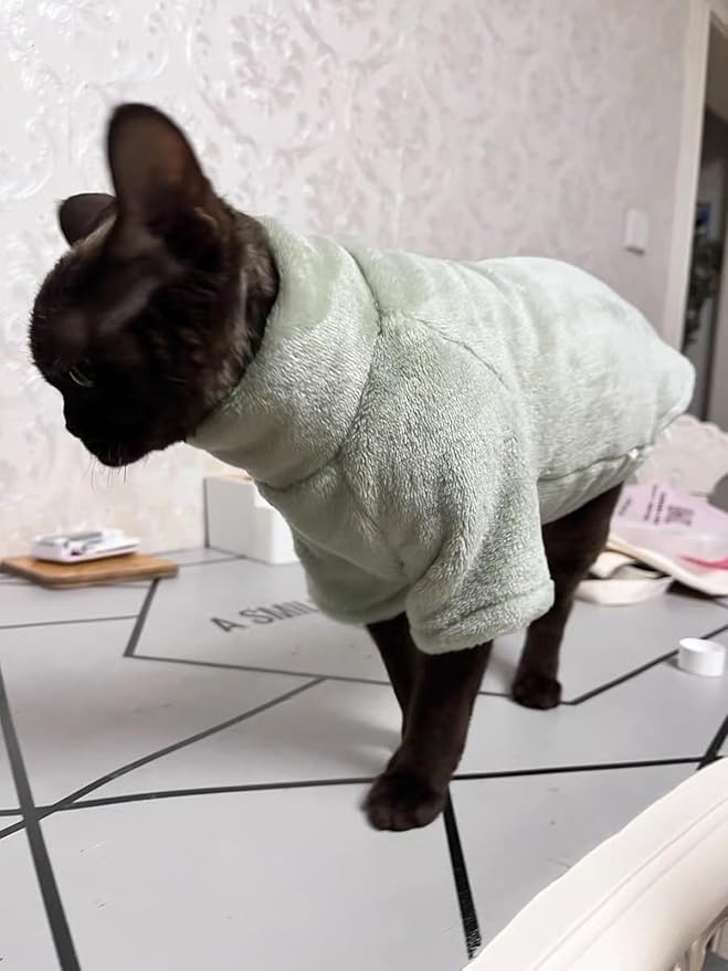 Sphynx Cat Clothes Winter Turtleneck Soft Coral Fleece Cat Clothes Thicken Warm Pajamas Coat for Hairless Cats and Small Cat Apparel with Sleeves (Forest Green, L (6-9.3lbs)