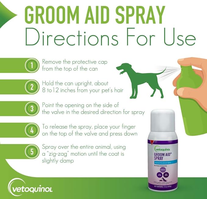 Vetoquinol Groom Aid Spray - Non-Greasy Grooming Spray for Cats & Dogs - Supports Silky Coat & Tangle-Free Fur - Quick Absorbing Fur Conditioner - Fresh Scent - 7.3 oz