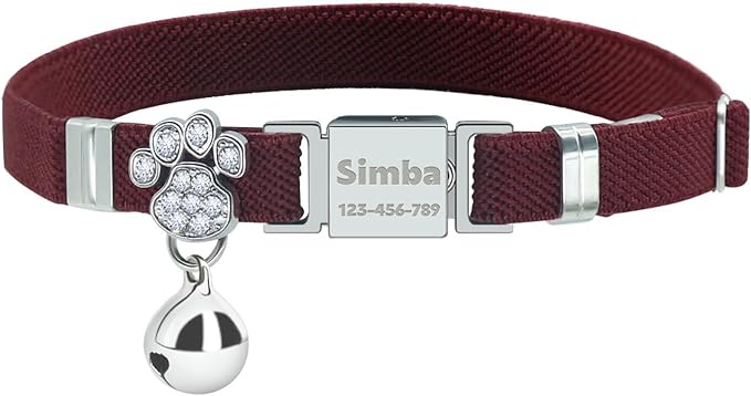 Personalized Safety Elastic Cat Collars with Bell,Laser Customized Stretch Kitten Collars for Girls Boys Cats-Wine Red