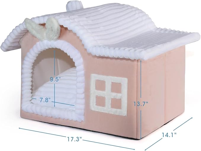 Jiupety Rabbit Cat Houses for Indoor Cats, Chimney Cute Cat Bed Cave, Enough Interior Space, Cartoon Soft Pet House Up to 3-7 lbs Kitten, Pink