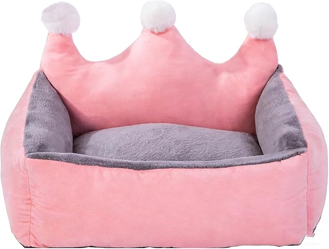 Cute Crown Pet Beds for Dogs Cat,Fashionable Luxurious Crown Cat Princess Beds Winter Warm Puppy Cat Sofa Bed Soft Upholstered Plush Sofa,Durable Washable Anti-Slip Dog Beds (Pink, S-Below 4.0kg)
