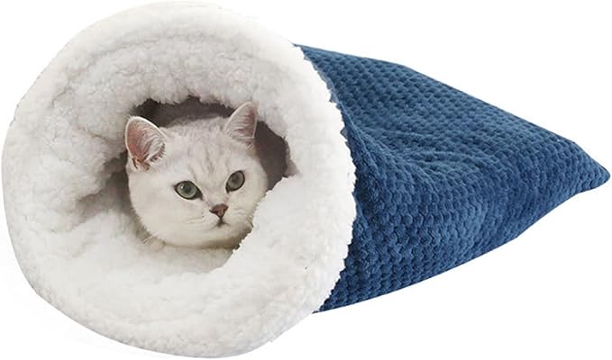 Hibycknl Cat Sleeping Bag - Soft Plush Large Self-Warming Bed for Winter, Cosy Cave 360 Wrap Comfortable Pet Snuggle Sack for Cats up to 6kg, Dark Blue