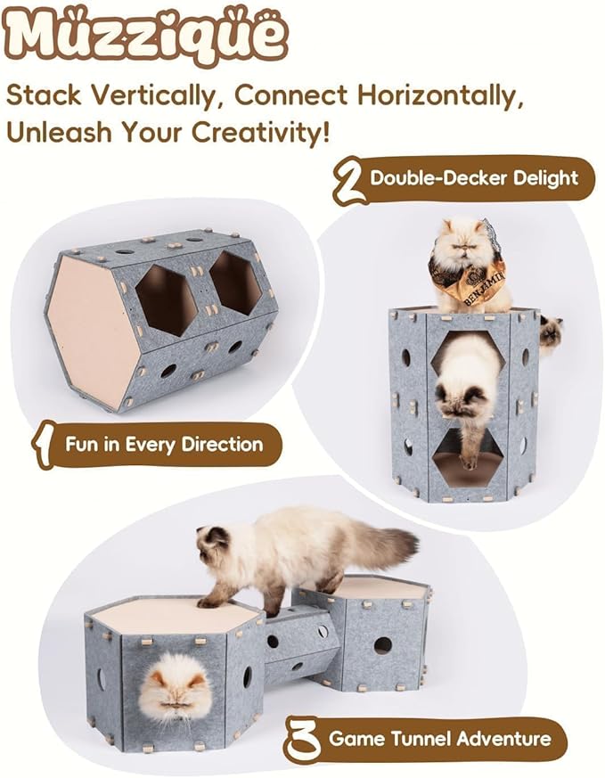 Cat Tunnel House for Indoor Cats, w/Hair Brush, DIY Expandable Modular Felt Pet Castle, Hidey Kitten Perch Condo, Large Stackable Kitty Cave, XL Two Story Sleeping Small Dogs Puppy Bed, 2 Tier Nest