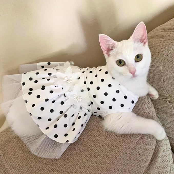 ANIAC Floral Cat Bridal Wedding Dresses Polka Dots Dog Princess Tutu Dress with Flowers Stretchy Breathable Small Puppy Clothes for Girls Pet Birthday Outfit (White, Small)