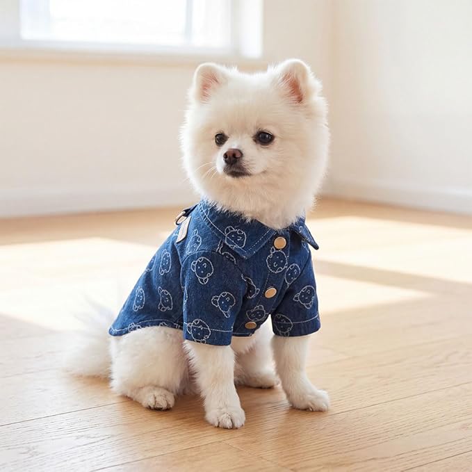 Unisex Pet Denim Shirt for Cats & Small Dogs, Soft Washed Denim, Collared Button Down with Back D-Ring, Breathable Cotton, Spring/Summer/Fall (X-Large, Shirt-Dark Blue with Bear)