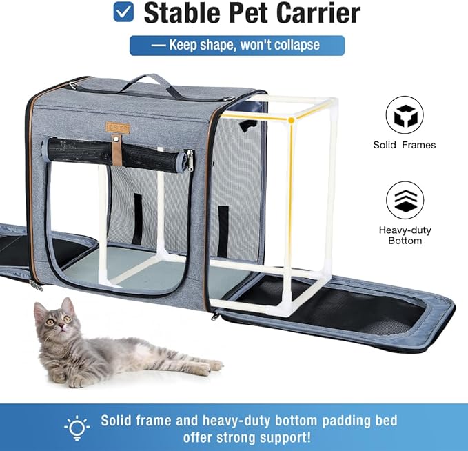 Lekereise Large Cat Carrier for 2 Cats, 2-in-1 Cat Travel Carrier with Litter Box, (17.7" x2) x16.5"x13" Pet Carrier with Zipper Locks for Moving Across The Country (No Hammock) - Grey