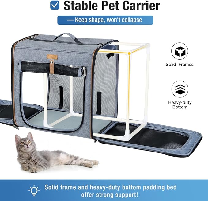 Lekereise Extra Large Cat Carrier for 2 Cats, 2-in-1 Cat Travel Carrier with Litter Box, (20.85" x2) x19.7"x19.7" Pet Carrier with Zipper Locks for Moving Across The Country (No Hammock) - Grey