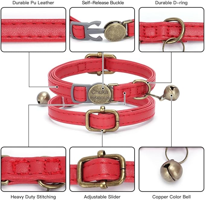 Vintage Style Leather Breakaway Cat Collar, Personalized Leather Cat Collar with Bells-Adjustable Customized Collar with Name & Phone Number Tag for Girl Boy Cats and Puppy（Pink