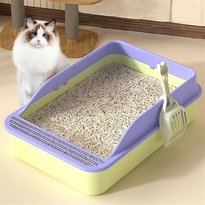Pet Supplies, Open Top Cat Litter Box with High Sides & Detachable Basin, Includes Shovel(Purple)