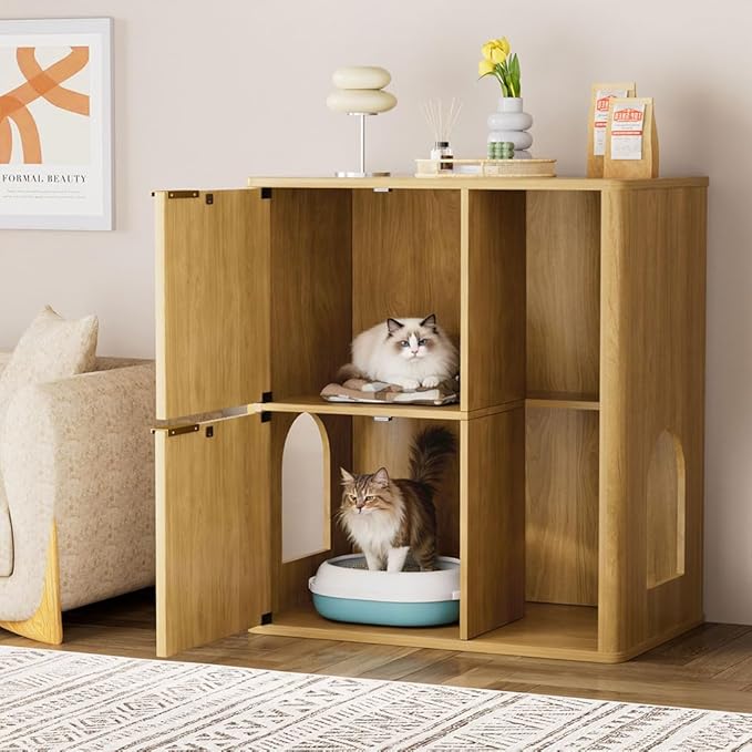31.5" Cat Litter Box Enclosure Furniture, Fluted Hidden Litter Box Cabinet with Storage Shelf & Scratching Post, Wooden Cat House Side Table with Dual Entry Doors for Indoor Cats, Natural,Natural