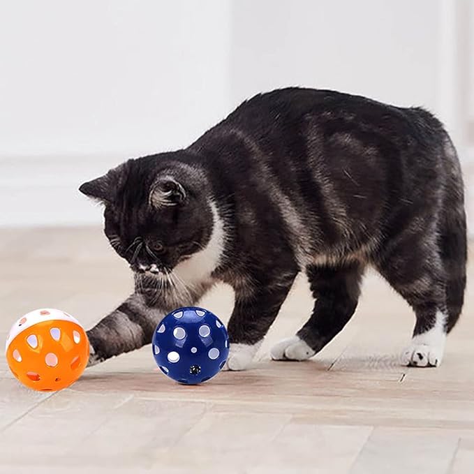 VOVIGGOL 12PCS 4CM Cat Toy Ball with Bell, Pet Ball Kitten Toy with Bell Cat Jingle Balls for Cats Kitten, Plastic Jingle Balls Pounce Chase Rattle Toys, Random Color