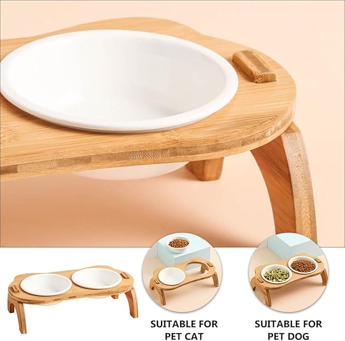 FOMIYES Elevated Cat Food Feeder Bowls Set with Wooden Stand Double Ceramic Bowls for Spine Protection White Raised Pet Food for Cats and Small Pets