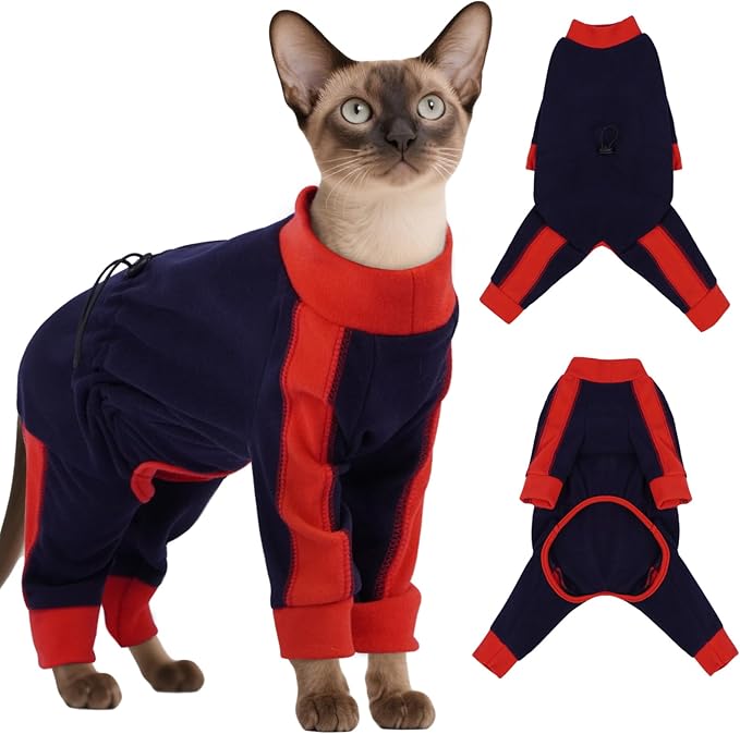 DENTRUN Cat Clothes with Anti-Shedding Fabric - Soft Recovery Suit & Breathable Lint-Resistant Cat Sweater for Wound Care & Hair Control, Kitten Onesie Pajamas, S, Dark Blue