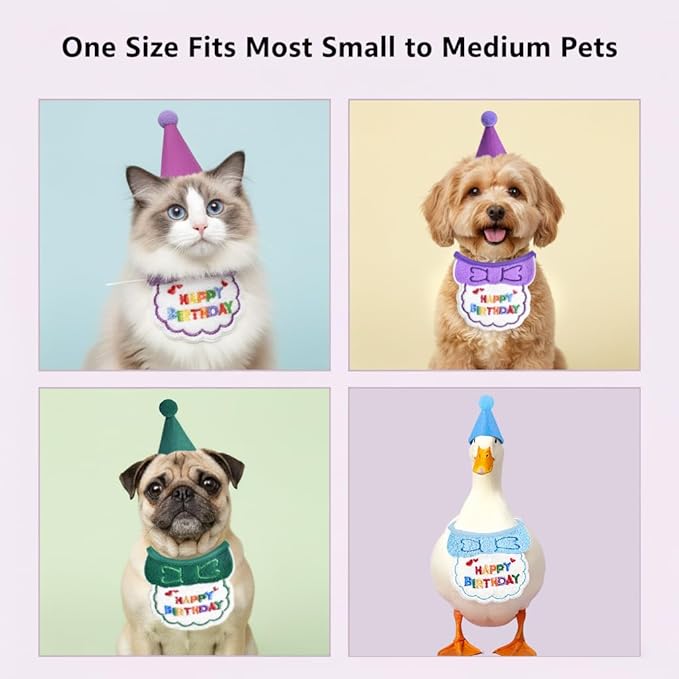 Cat Birthday Hat & Bandana Set – Birthday Decorations for Small Dogs and Cats, Cute Party Hat & Bib Costume for Cat Birthday Party or Puppy Celebrations (Yellow)