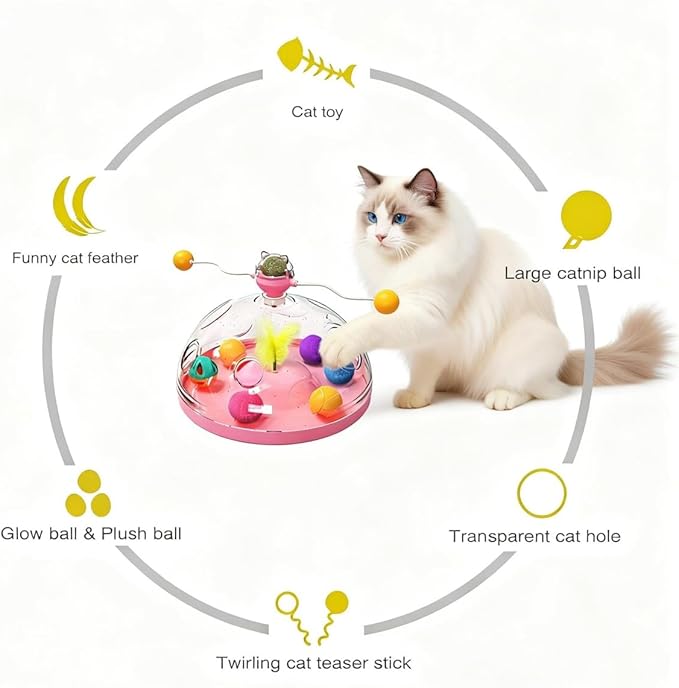 Interactive Cat Toys for Indoor Cats, Kitten Toys with Spinning Dome, Catnip Ball, Feathers & Rolling Balls - Spinning Teaser Toy for Outdoor Cats (Green)