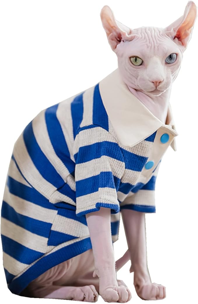Sphynx Cat Shirt Cotton Hairless Kitten Polo T-Shirt with Sleeves Pullover Cat Pajamas for Sphynx Cornish Rex, Devon Rex, Peterbald (Blue White Polo, XX-Large)
