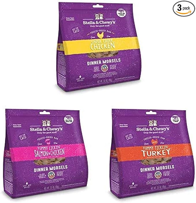 Stella & Chewy's Freeze-Dried Raw Dinner Morsels for Cats (Bundle of 3, 3.5 oz. Bags) - Chicken, Salmon & Chicken, Turkey