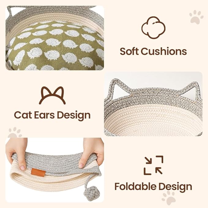 Cotton Rope Woven Cat Basket, Pets Hand Woven Cotton Bed Basket, Round Cat Sleeping Nest with Built-in Scratching Pad and Play Ball for Cats and Dogs All-Season (Khaki-B, Small)