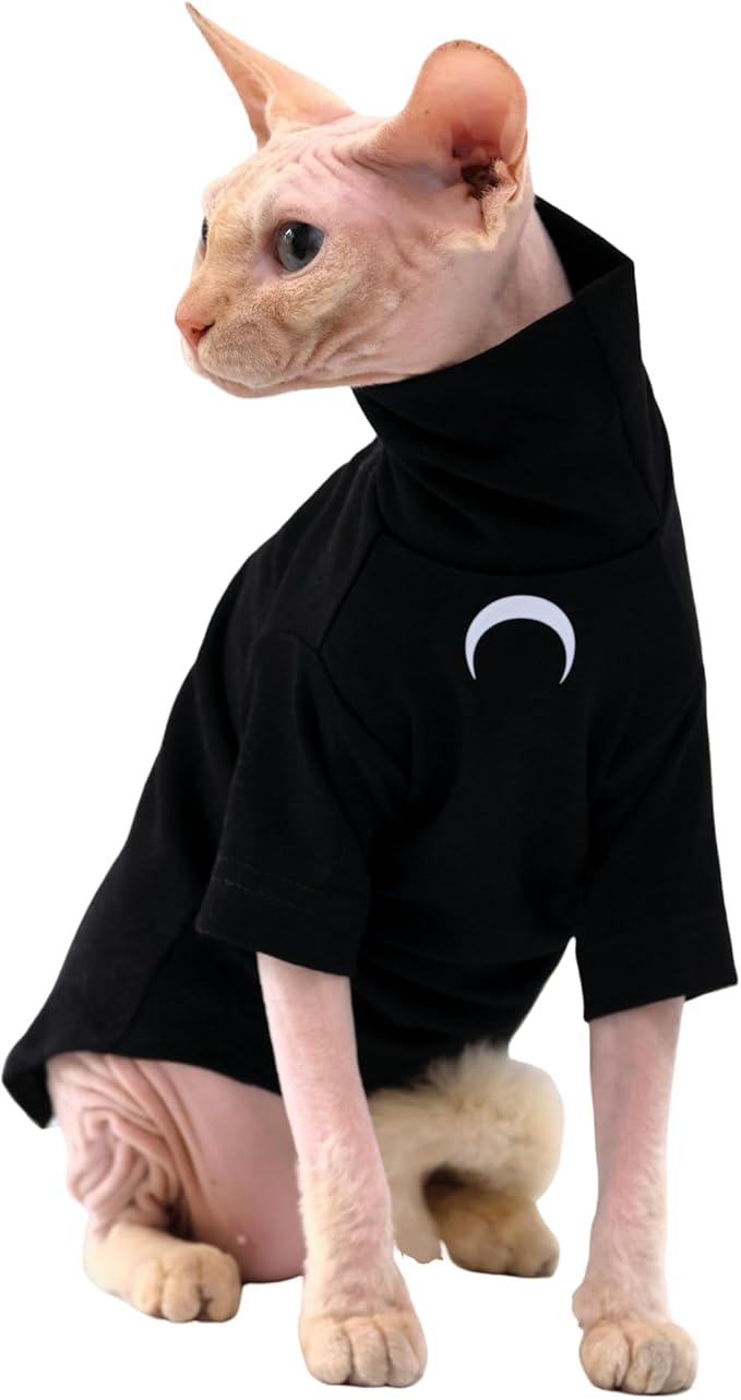Sphynx Cat Clothes, Moon Print Turtleneck Cotton T-Shirt for Devon Rex Sphynx Cats (Black Long Sleeve, Small)