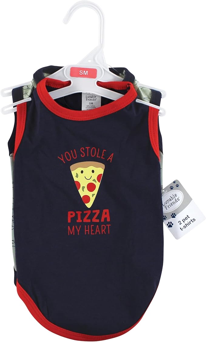 Luvable Friends Dog Pet Dog and Cats Cotton T-Shirts 2pk, Pizza Dino, X-Small