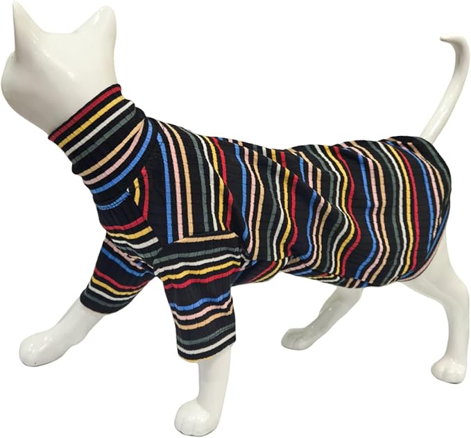 Turtle Neck Vintage Stripes Sphynx Hairless Cat Cotton T-Shirts Pet Clothes Vest Kitten Shirts Sleeveless, Cats & Small Dogs Apparel (Dark Rainbow, S (3.3-5 lbs))