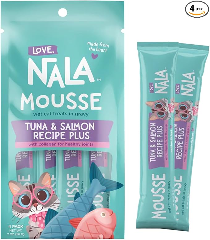 LOVE, NALA Skin & Coat Health – Tuna & Salmon + Collagen Mousse Cat Treats – Lickable Squeeze-Up Puree, Topper or Treat – Grain-Free, 4 Pack – Human-Grade Protein, Non-GMO, No Artificial Additives
