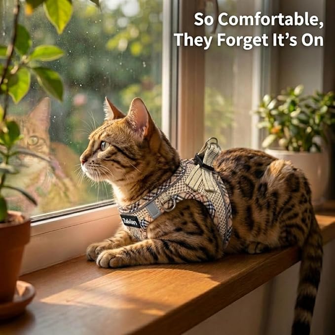 Cat Harness and Leash Set for Walking, Escape Proof Adjustable Soft Mesh Kitten Harness with Reflective Strips, Breathable No-Choke Pet Vest for Large Cats or Small Dogs(Beige,L)