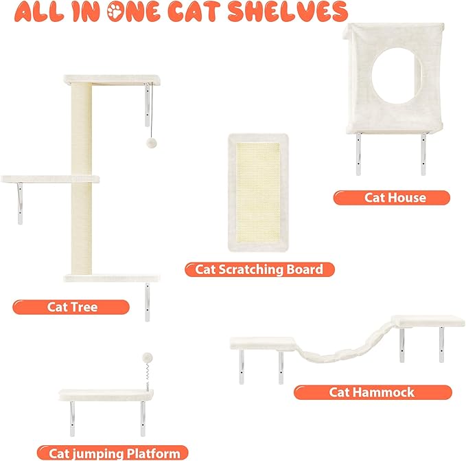 NUNU LAB Cat Wall Shelves Set, 5 Pcs Wall-Mounted Cat Climber with Cat House, Bridge, Scratching Post, Hammock, Wall Shelves, Beige