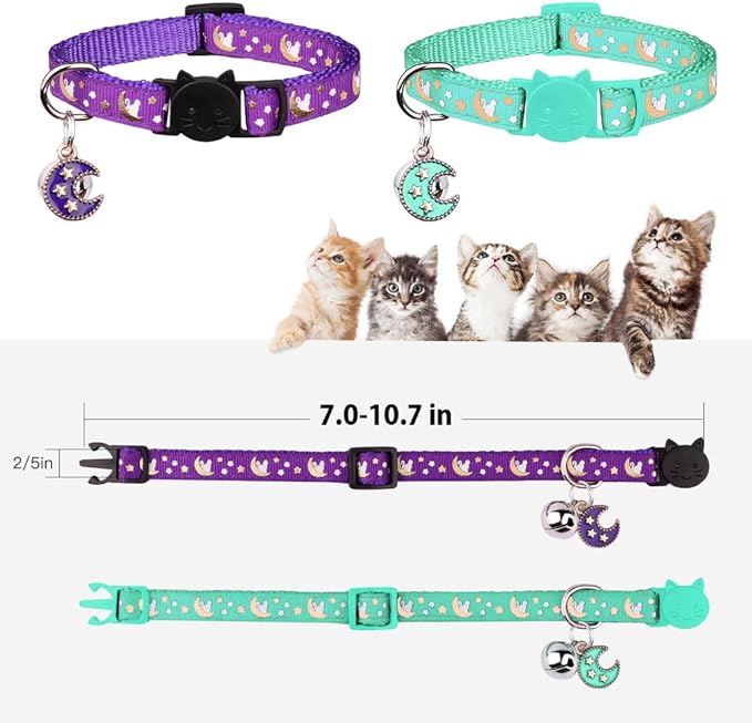 Baeuppit 2Pcs Breakaway Cats Collars Cat Collars for Boy & Girl Cats Adjustable Kitten Collars with Bell,Purple+Teal