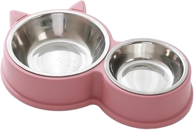 Puppy Kitten Feeding Supplies Two Pets Bowls Dog Food Drinker Stainless Steel Pet(Pink)