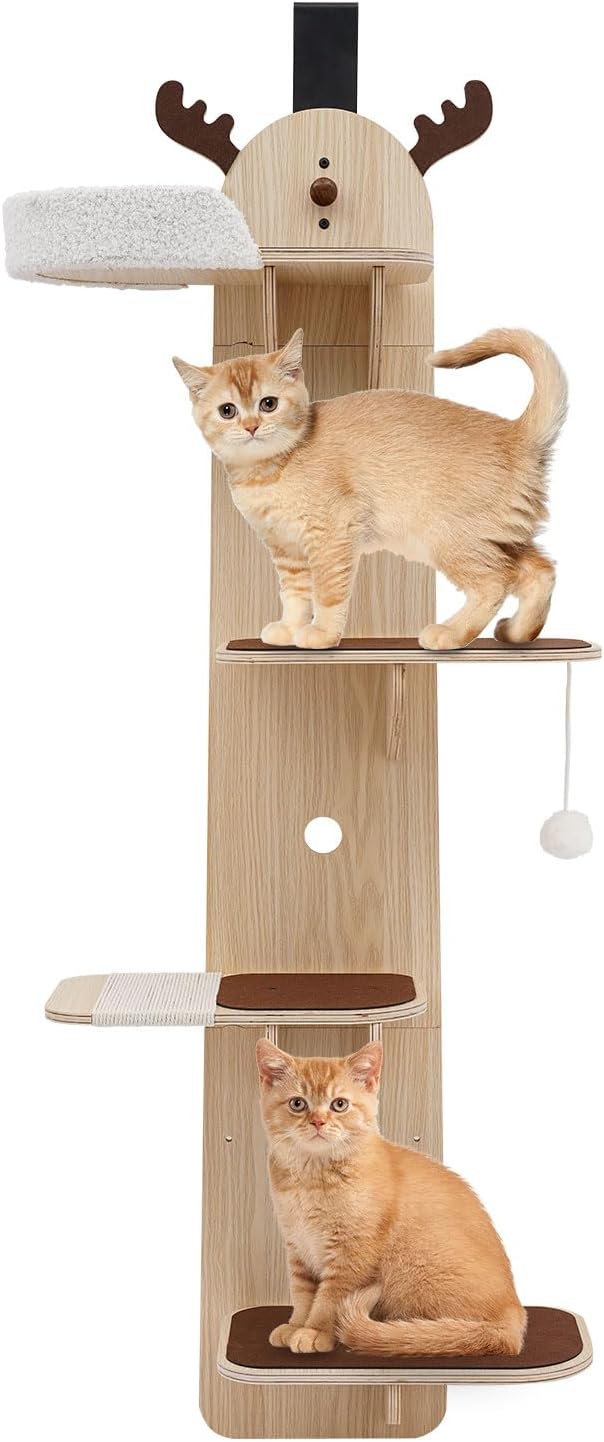 Door Hanging Cat Tree,4-Tier Door Mounted Cat Climbing Frame,Cats Tree Hanger Mounted Cats Shelves,Wooden Cat Ladder,Pet Jump Shelf for Stair,Foyer,Living Room,Enclosed Balcony (with Cat Nest)