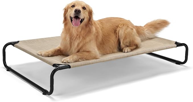 Veehoo Cooling Elevated Dog Bed, Outdoor Dog Bed for Large Dogs, Raised Dog Cot with Thickened Frame, Durable Teslin Mesh & Anti-Slip Rubber Feet, Pet Hammock for Indoor or Camping, 49" x 33", Beige