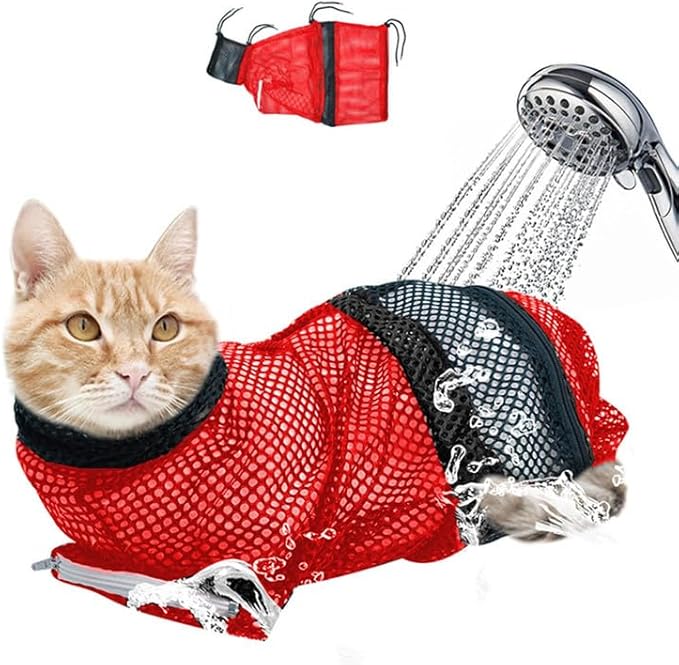 Cat Bathing Grooming Bag, Anti-Scratch & Bite Resistant Restraint Bag for Cats, Adjustable Soft Mesh Washing Bag for Nail Trimming, Ear Cleaning & Bathing