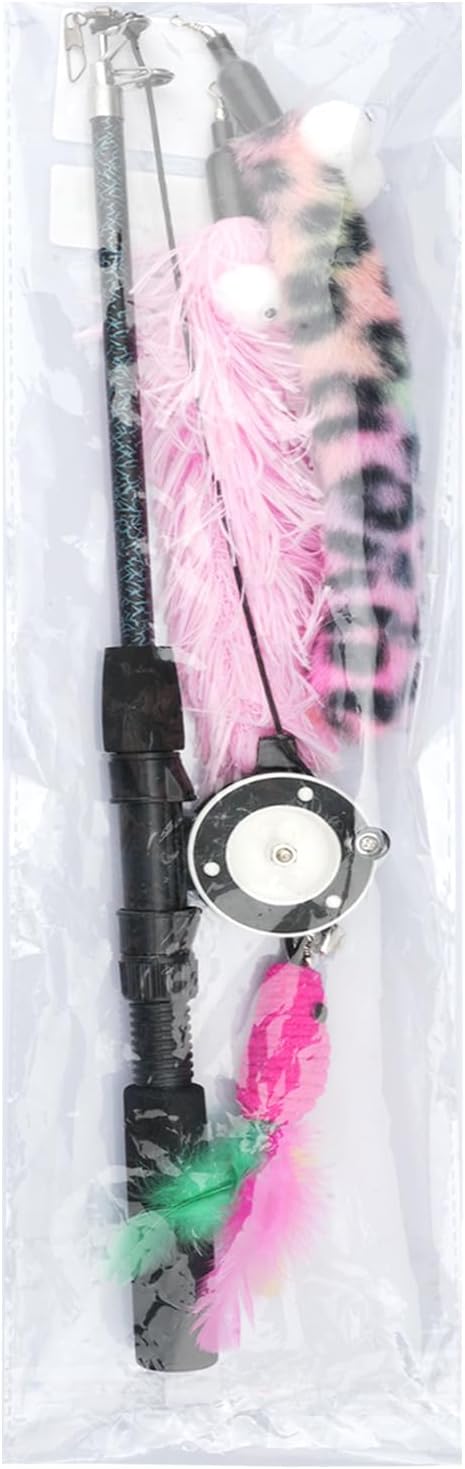 Pawaboo Cat Teaser Wand Toys, Cat Fishing Pole Toy with 3 Pack Feather Refills, 3-Section Retractable Kitten Feather Toys with Pulley, Indoor Cats Teaser Catcher Exerciser with Bell, Rose Red + Pink