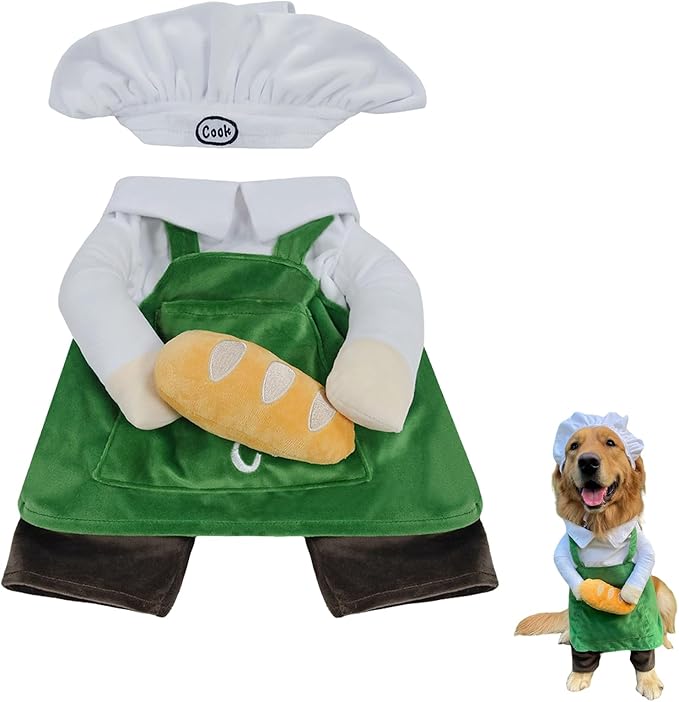 Cat Costume Dog Clothes Chef Hat Apron Outfit with Bread - Photoshoot Pet Outfit for Small to Large Dogs or Cats, for Christmas (Large)