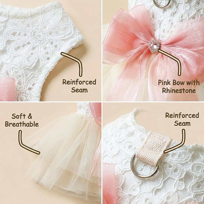 Dog and Cat Girl Bow Dress, White Dog D-Ring Wedding Dress with Pink Bow, Cat Birthday Set, Chihuahua York Pomeranian Cat Pet Party Dress (Pink Bow-Princess, Medium)