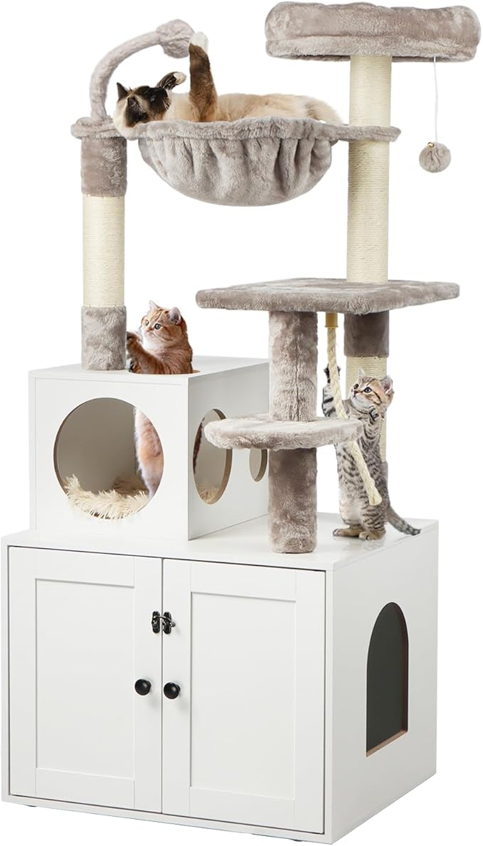 Timberer Cat Tree with Litter Box Enclosure, 2-in-1 Cat Tower for Indoor Cats, Large Wood Cat Condo with Basket, Scratching Posts, Pompoms, White